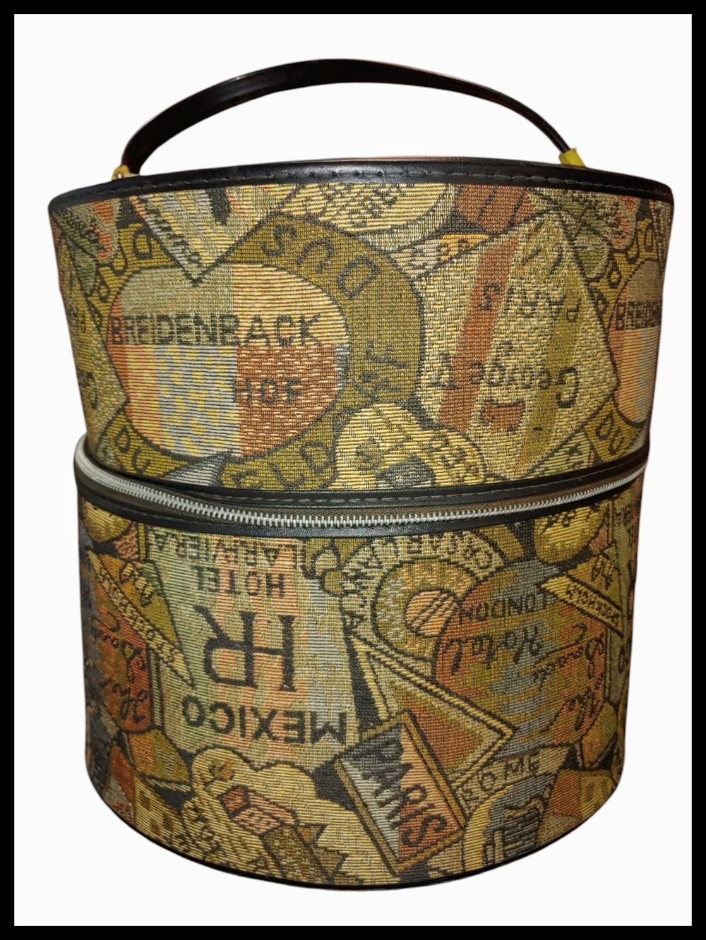 Vintage Tapestry Hat and Wig Travel Case - Travel Labels Print